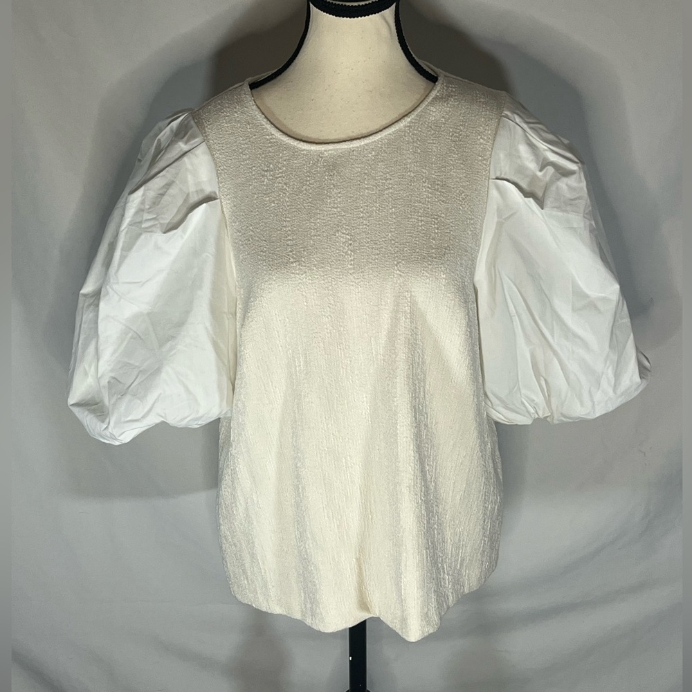Anthropologie White Textured Bouclé Puff Sleeve Top Blouse NWT Large